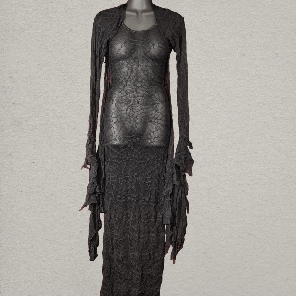 SOLD: Vintage 90s Leg Avenue Spider Web Mesh Maxi Dress & Shrug Set Goth Witchy